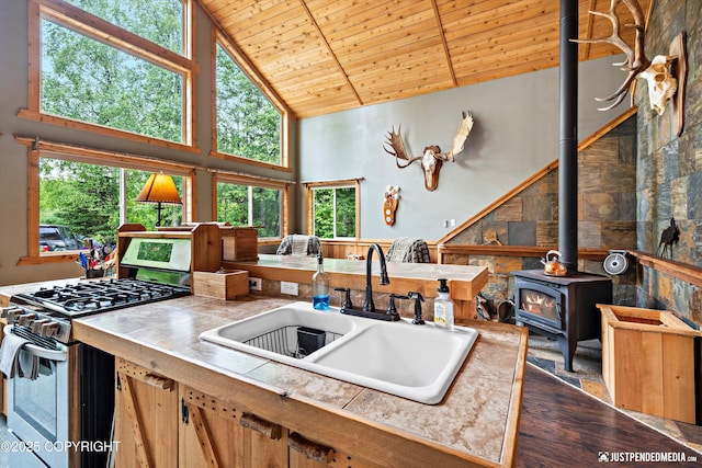 29416 W Deshka Landing Rd, Willow, AK 99688 - kitchen with stainless steel gas range, wooden ceiling, dark wood-style floors, healthy amount of natural light, and high vaulted ceiling