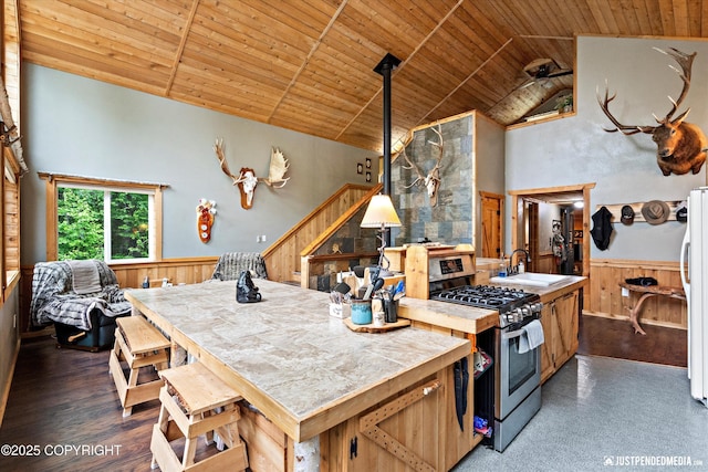 29416 W Deshka Landing Rd, Willow, AK 99688 - kitchen featuring stainless steel gas range, a wainscoted wall, wooden ceiling, high vaulted ceiling, and tile countertops