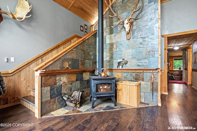 29416 W Deshka Landing Rd, Willow, AK 99688 - detailed view of a wood stove, wooden ceiling, wood finished floors, and wooden walls