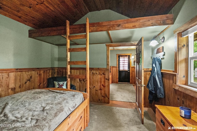 29416 W Deshka Landing Rd, Willow, AK 99688 - carpeted bedroom with wainscoting, multiple windows, wood walls, and wooden ceiling