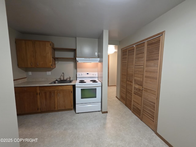 297 Mitkof Hwy, Petersburg, AK 99833 - kitchen featuring white range with electric cooktop, under cabinet range hood, light countertops, open shelves, and brown cabinets