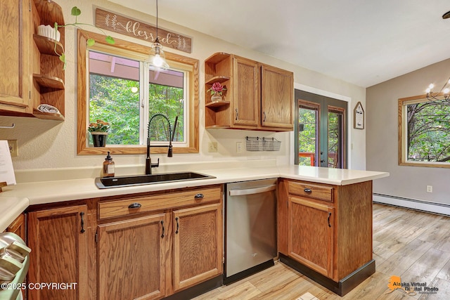 22479 Centurion Dr, Chugiak, AK 99567 - kitchen with stainless steel dishwasher, open shelves, a peninsula, a baseboard radiator, and light wood-type flooring