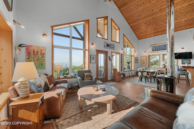 2500 W Highland Dr, Homer, AK 99603 - living area featuring high vaulted ceiling, wooden ceiling, and wood finished floors
