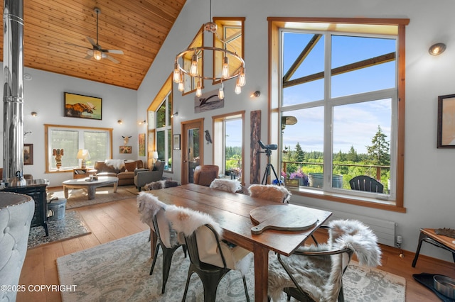 2500 W Highland Dr, Homer, AK 99603 - dining area featuring high vaulted ceiling, wood ceiling, hardwood / wood-style floors, radiator heating unit, and ceiling fan