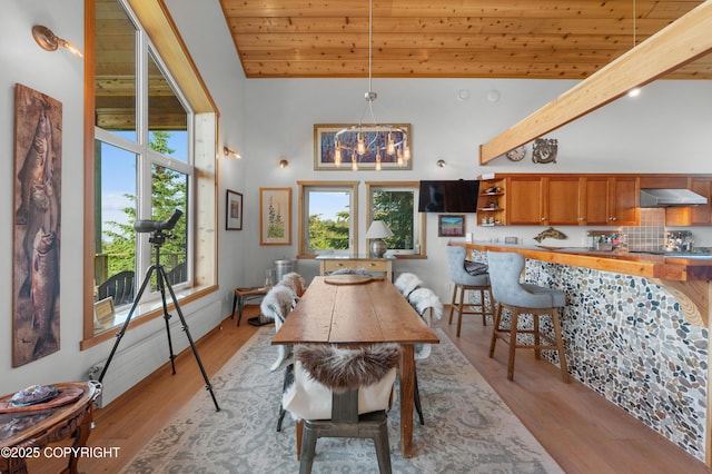 2500 W Highland Dr, Homer, AK 99603 - dining area with high vaulted ceiling, plenty of natural light, a wood ceiling with exposed beams, and light wood finished floors