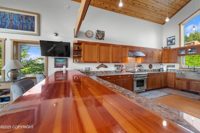 2500 W Highland Dr, Homer, AK 99603 - kitchen featuring high end range, high vaulted ceiling, brown cabinetry, wall chimney range hood, and open shelves