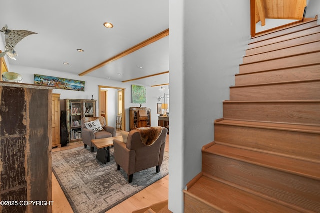 2500 W Highland Dr, Homer, AK 99603 - living room featuring stairway, wood finished floors, and recessed lighting