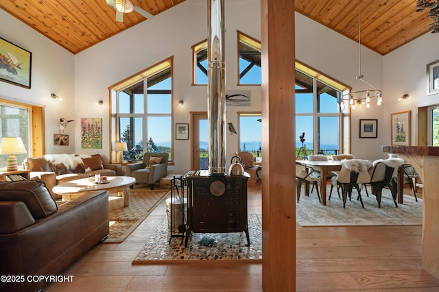 2500 W Highland Dr, Homer, AK 99603 - living room featuring high vaulted ceiling, wood ceiling, and hardwood / wood-style flooring
