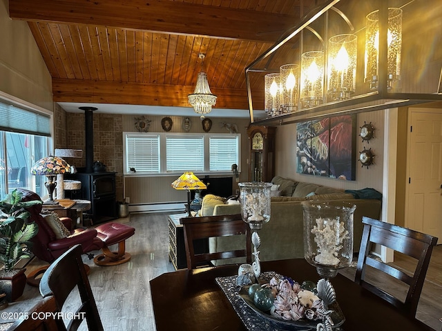231 Main St, Seldovia, AK 99663 - dining area with a wood stove, a baseboard radiator, a wooden ceiling with exposed beams, wood finished floors, and a chandelier