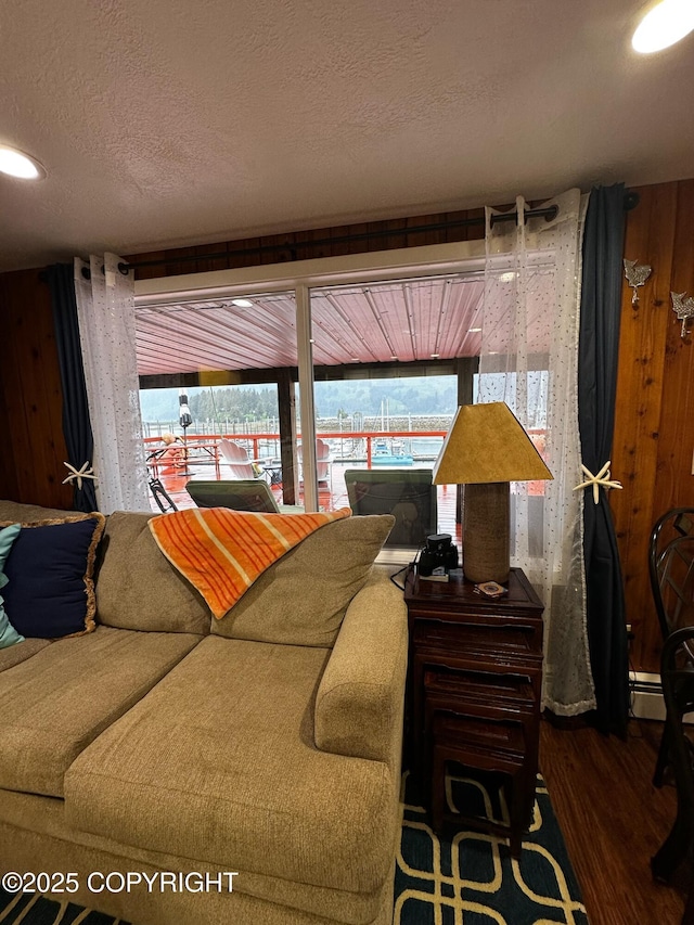 231 Main St, Seldovia, AK 99663 - living room with wood finished floors, a textured ceiling, wood walls, a baseboard heating unit, and recessed lighting