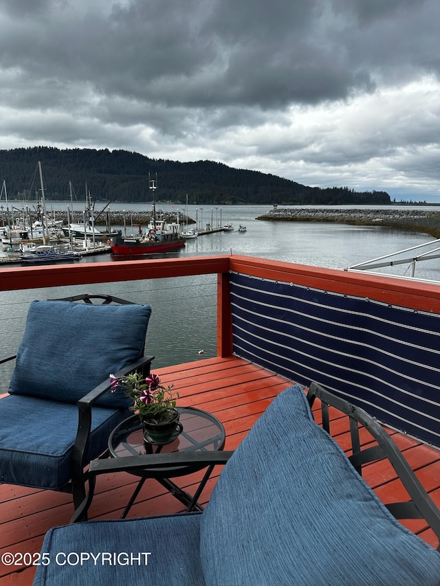 231 Main St, Seldovia, AK 99663 - wooden terrace featuring a water view, a view of trees, and a dock