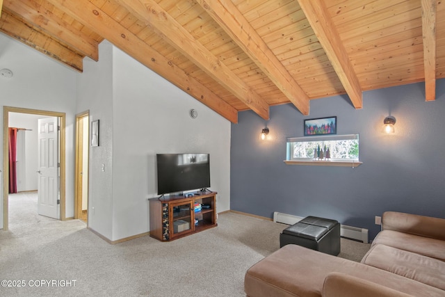 47000 Lexington Ct, Kenai, AK 99611 - carpeted living area featuring wooden ceiling, a baseboard radiator, and baseboard heating