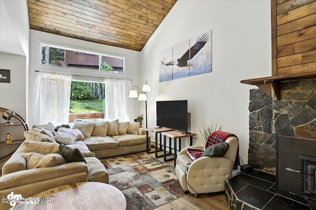 6622 Lakeway Dr, Anchorage, AK 99502 - living room with high vaulted ceiling, wood finished floors, wooden ceiling, and a wood stove