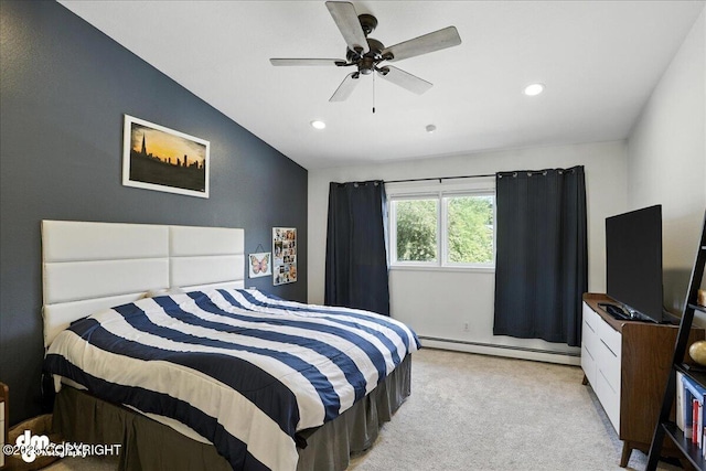 6622 Lakeway Dr, Anchorage, AK 99502 - carpeted bedroom with a baseboard heating unit, recessed lighting, lofted ceiling, and ceiling fan