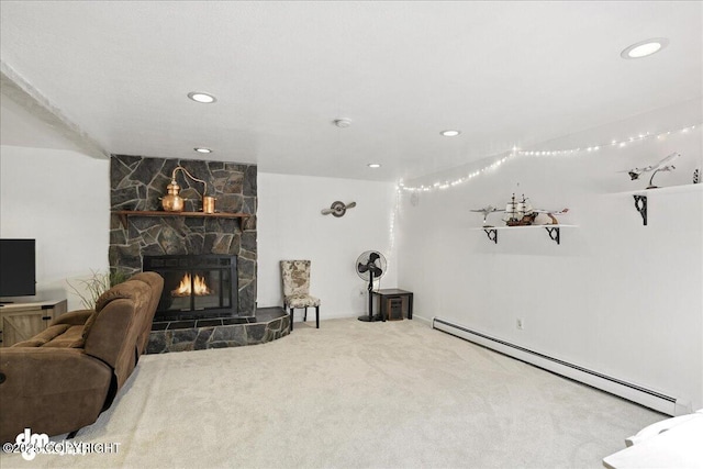 6622 Lakeway Dr, Anchorage, AK 99502 - carpeted living room with baseboard heating, a stone fireplace, and recessed lighting