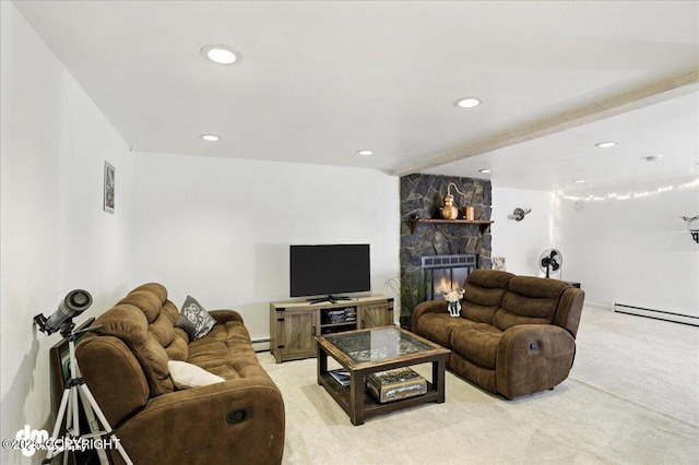 6622 Lakeway Dr, Anchorage, AK 99502 - living area with light colored carpet, recessed lighting, a baseboard heating unit, and a stone fireplace