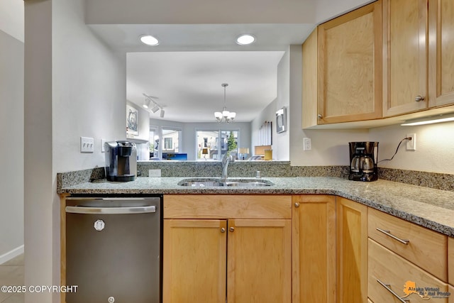 1200 I St Unit 314, Anchorage, AK 99501 - kitchen featuring dishwasher, light brown cabinets, light stone countertops, rail lighting, and recessed lighting