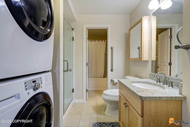 1200 I St Unit 314, Anchorage, AK 99501 - full bathroom featuring stacked washing machine and dryer, a shower with shower curtain, tile patterned flooring, and vanity