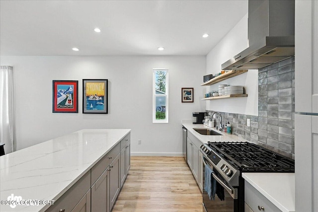 220 Susieana Ln, Kenai, AK 99611 - kitchen with wall chimney range hood, gas stove, gray cabinets, open shelves, and recessed lighting