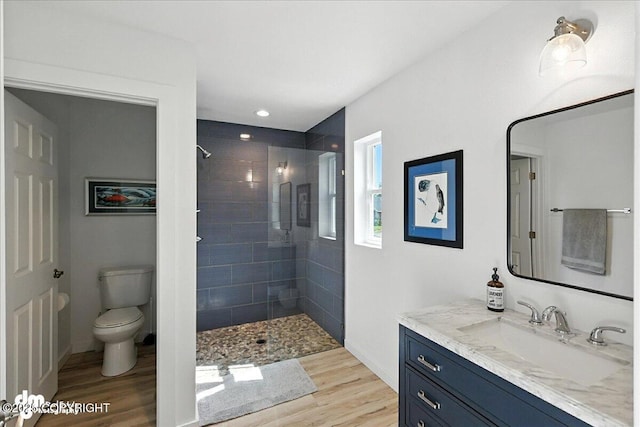 220 Susieana Ln, Kenai, AK 99611 - bathroom with vanity, a shower stall, wood finished floors, and recessed lighting