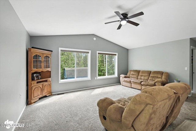 2660 N Jasper Dr, Wasilla, AK 99654 - living room featuring carpet flooring, a ceiling fan, and vaulted ceiling