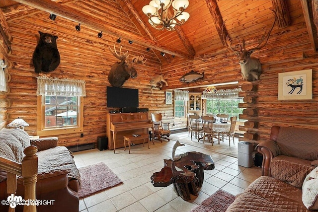 34035 Keystone Dr, Soldotna, AK 99669 - tiled living room with a wooden ceiling with exposed beams, log walls, high vaulted ceiling, a chandelier, and a baseboard heating unit
