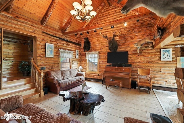 34035 Keystone Dr, Soldotna, AK 99669 - tiled living room with rustic walls, a wood ceiling with exposed beams, high vaulted ceiling, and a chandelier