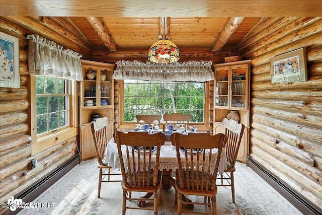 34035 Keystone Dr, Soldotna, AK 99669 - dining space with log walls, a wood ceiling with exposed beams, and light wood finished floors
