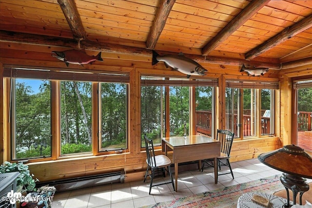 34035 Keystone Dr, Soldotna, AK 99669 - sunroom featuring tile patterned floors, a wooden ceiling with exposed beams, and wood walls