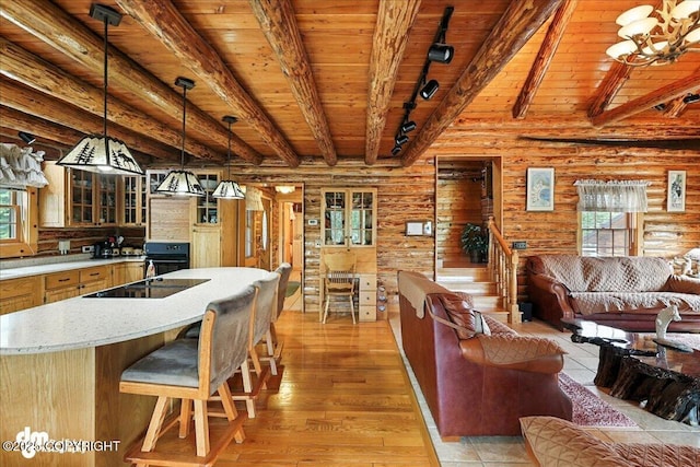34035 Keystone Dr, Soldotna, AK 99669 - living area featuring healthy amount of natural light, rustic walls, a wood ceiling with exposed beams, rail lighting, and light wood finished floors