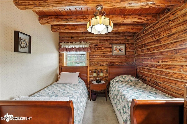 34035 Keystone Dr, Soldotna, AK 99669 - carpeted bedroom with a wood ceiling with exposed beams, rustic walls, and wallpapered walls