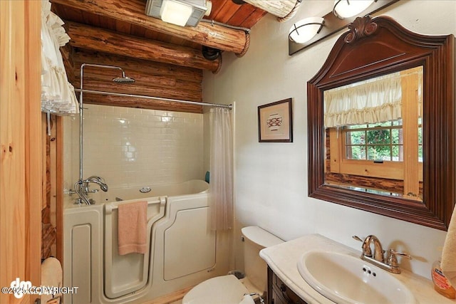 34035 Keystone Dr, Soldotna, AK 99669 - bathroom with vanity, shower / bath combo, and a wood ceiling with exposed beams