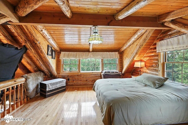 34035 Keystone Dr, Soldotna, AK 99669 - bedroom featuring multiple windows, a wood ceiling with exposed beams, hardwood / wood-style flooring, and rustic walls