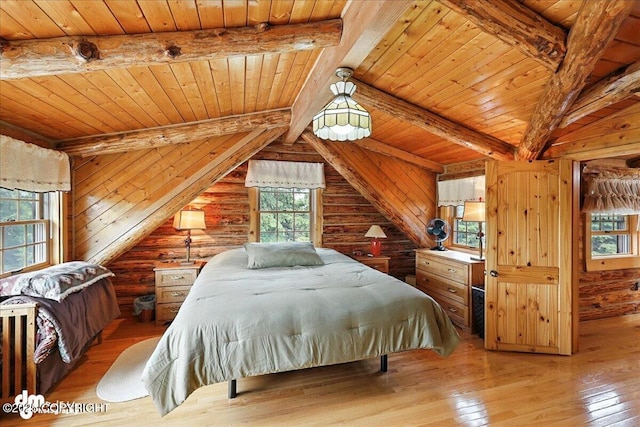 34035 Keystone Dr, Soldotna, AK 99669 - bedroom with wood ceiling, light wood finished floors, and log walls