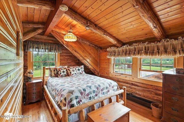 34035 Keystone Dr, Soldotna, AK 99669 - bedroom with wood ceiling, baseboard heating, light wood finished floors, and log walls