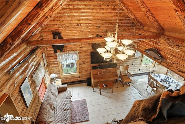 34035 Keystone Dr, Soldotna, AK 99669 - tiled living area with wooden ceiling, log walls, baseboard heating, and a chandelier