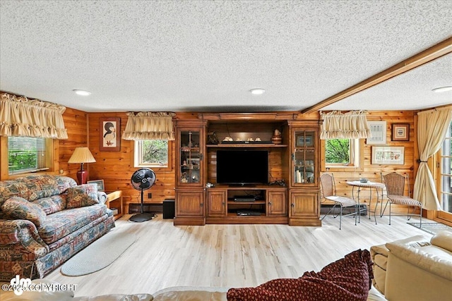 34035 Keystone Dr, Soldotna, AK 99669 - living area featuring wooden walls, wood finished floors, and a textured ceiling
