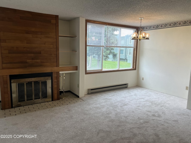 302 Sweetgale Ct # 302, Anchorage, AK 99518 - unfurnished living room featuring baseboard heating, carpet, a chandelier, a textured ceiling, and a fireplace with flush hearth