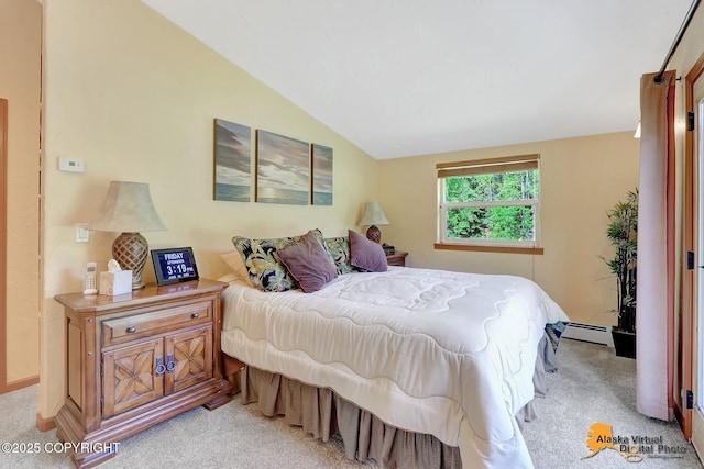 23324 Greatland Dr, Chugiak, AK 99577 - bedroom featuring lofted ceiling, a baseboard radiator, and light carpet