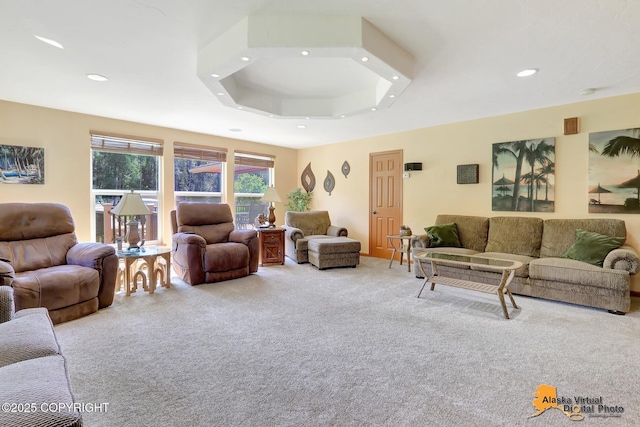23324 Greatland Dr, Chugiak, AK 99577 - living room with carpet flooring, recessed lighting, and a raised ceiling