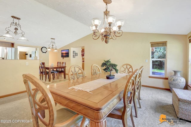 23324 Greatland Dr, Chugiak, AK 99577 - dining space with a chandelier, light colored carpet, and vaulted ceiling