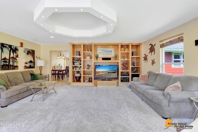 23324 Greatland Dr, Chugiak, AK 99577 - living area with carpet floors, recessed lighting, and a tray ceiling