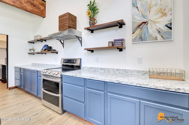 3528 S Mills Ct, Big Lake, AK 99623 - kitchen with double oven range, open shelves, blue cabinetry, light wood-type flooring, and light stone countertops