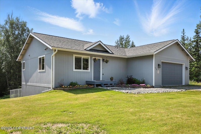 2740 S Rue De La Paix Loop, Wasilla, AK 99623 - ranch-style home featuring an attached garage, a front lawn, and a shingled roof