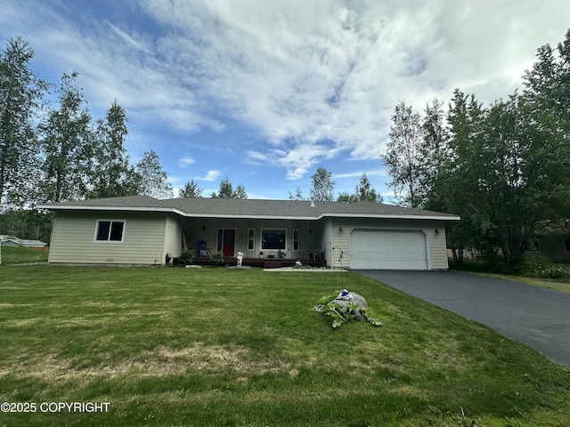 19343 Alma Ave, Chugiak, AK 99567 - ranch-style house with driveway, a garage, a porch, and a front lawn