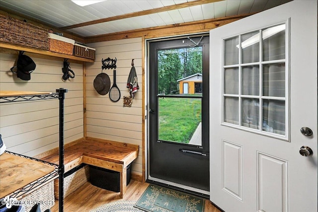 48416 Bernice Lake Rd, Nikiski/North Kenai, AK 99611 - mudroom with wood finished floors, wood ceiling, and wooden walls