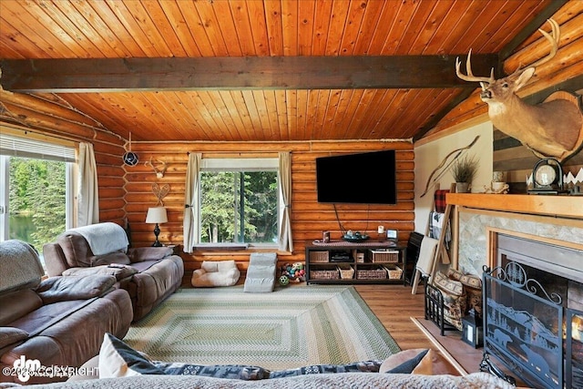 48416 Bernice Lake Rd, Nikiski/North Kenai, AK 99611 - living area featuring wood ceiling, wood finished floors, a premium fireplace, and rustic walls