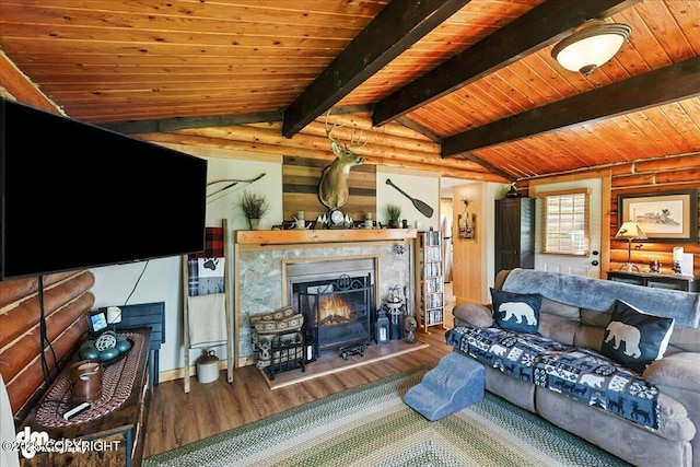 48416 Bernice Lake Rd, Nikiski/North Kenai, AK 99611 - living room featuring a premium fireplace, wood finished floors, and wood ceiling