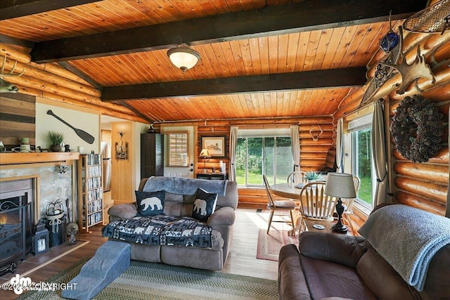 48416 Bernice Lake Rd, Nikiski/North Kenai, AK 99611 - living area with wood finished floors, healthy amount of natural light, wooden ceiling, a warm lit fireplace, and rustic walls