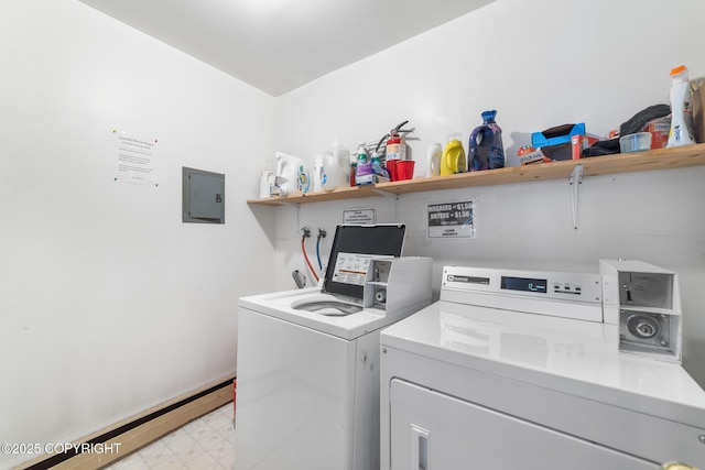 8764 Trinity Dr, Juneau, AK 99801 - shared laundry with washing machine and dryer, electric panel, light flooring, and baseboard heating